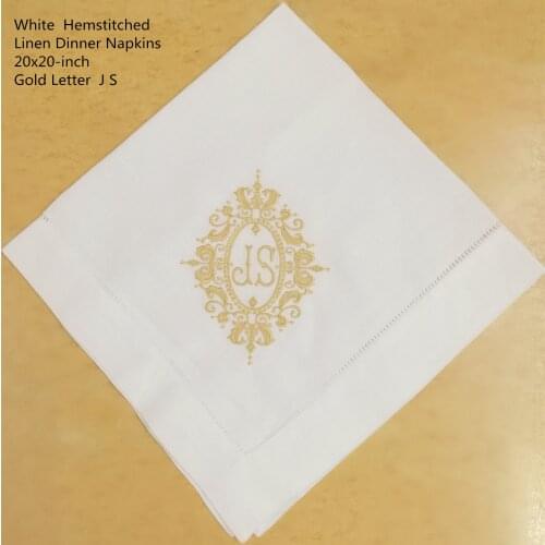 Set of 12 Fashion Monogrammed Dinner Napkins Hemstitch Linen Table Napkins 20"x20"Ladder Embroidered Initial J S Wedding Napkins