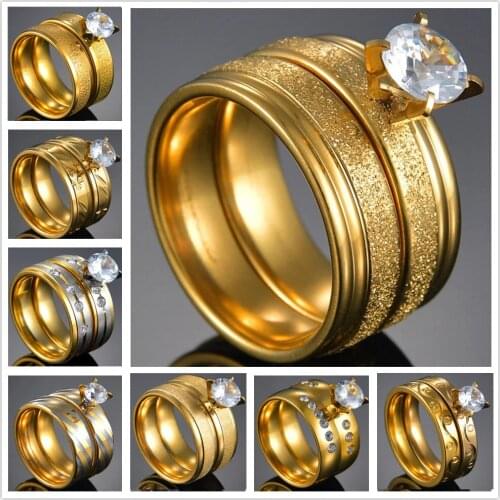 Gold Zircon Stainless Steel Wedding Band Engagement for Women Men Couple Rings 2pcs/Set Lovers Jewelry Alliance Bijoux