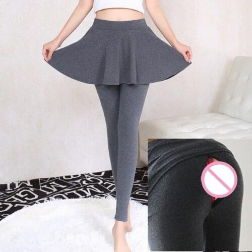 Outdoor Sex Skirt Long Pants Women Fake 2 Piece Cotton Skinny High Waist Leggings Open Croch Zipper Sexual Trousers Hosen Frauen