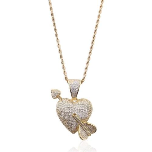 Cupids Arrow Heart Necklace Pendant in Crystal Hip Hop Man