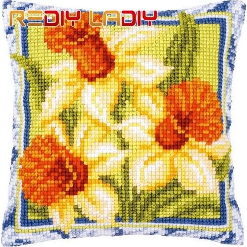 Cross Stitch Cushion Daffodils Tulips Make Your Own Pillow Chunky Cross Stitch Kits Pre-Printed Canvas Acrylic Yarn Pillow Case