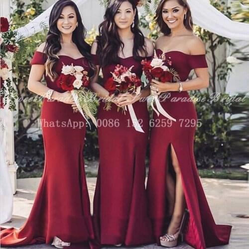 Real Photos Burgundy Bridesmaid Dresses With Side Split Mermaid Long Off Shoulder Wedding Party Dress Prom Gown