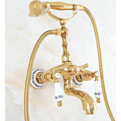 Luxury Polished Gold Color Brass Bathroom Wall Mounted Clawfoot Tub Faucet Taps Set With Hand Held Shower Head Spray mna817