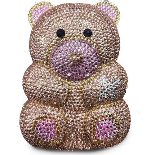 Bear-Shaped Pink Rhinestone Diamond Wedding Party Bags Fashion Women Evening Clutches Purses 100% Handmadde Shoulder Handbags