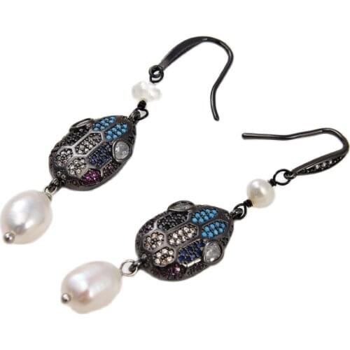 JK Natural 10x11mm White Pearl Gunmetal Gold Plated Snake Head CZ Pave Earrings
