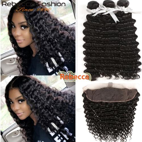 Rebecca 13x4 Lace Frontal With Bundles Brazilian 100% Human Hair Deep Wave Non Remy Human Hair 3 Bundles With Frontal Closure