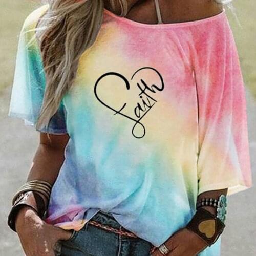 Umeko Summer Ladies Faith Print Tops Sexy Gradient Off Shoulder Loose T-shirts One-way Collar Casual Loose Short Sleeve Shirt