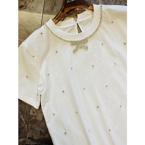 High-End Customization Women White Short Sleeve Loose T-Shirt Diamond O-Neck Collar Rhinestone