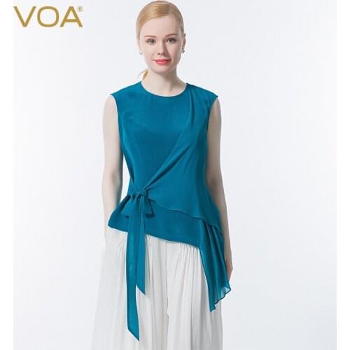 VOA Silk Indigo Blue O-Neck Sleeveless Asymmetrical Design Loose Breathable T-shirt with Zipper After Strap Woman Tshirts BE659