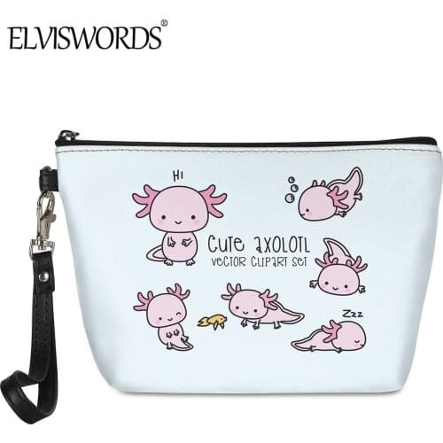 ELVISWORDS Adorable Axolotls Art Print Women PU Leather Cosmetic Bags Casual Makeup Hangbag Girls Kawaii Travel Pouch Case