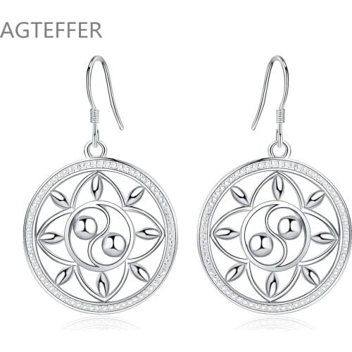 AGTEFFER 925 Sterling Silver Circle Round Drop Earrings For Women Lady Fashion Wedding Engagement Party Jewelry Gifts