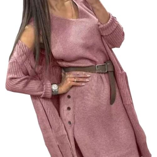 TAOVK Autumn Women Knitted Costume Cardigan Loose Sweater Coatd Dress Two Piece Set with Belt