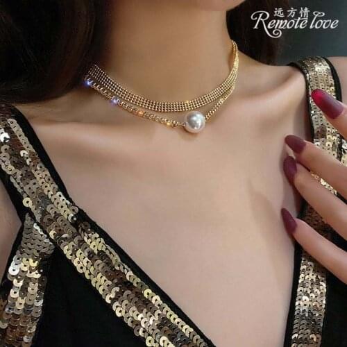Temperament Double Rhinestone Pearl Necklace Female Folding Short Clavicle Chain New Korean Net Red Necklace