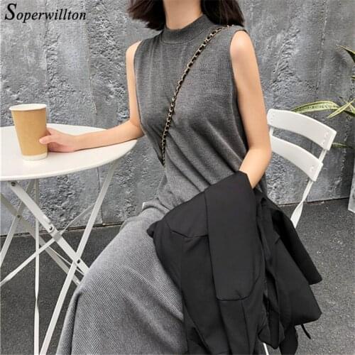 Fashion Women Knitted Dress Black Grey Long Max Sleeveless Dresses autumn bottoming chic tshirt dress slit elastic Sundress