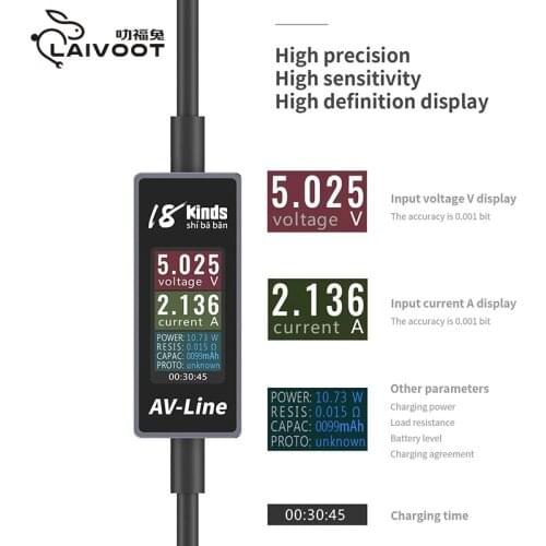 18 kinds AV-line intelligent detection charging data line 1.0m Swipe current detection data to monitor quick charging