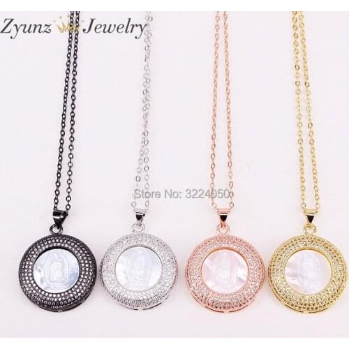 5PCS AZYZ302-6102 White Shell Pendant Chain Necklace Copper Plated Round CZ Pave High Quality Pendant Necklaces