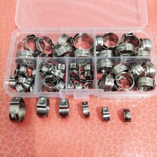 Free shipping Pipe Clamp High Quality 60 PCS Stainless Steel 304 Single Ear Hose Clamps Assortment Kit Single with box