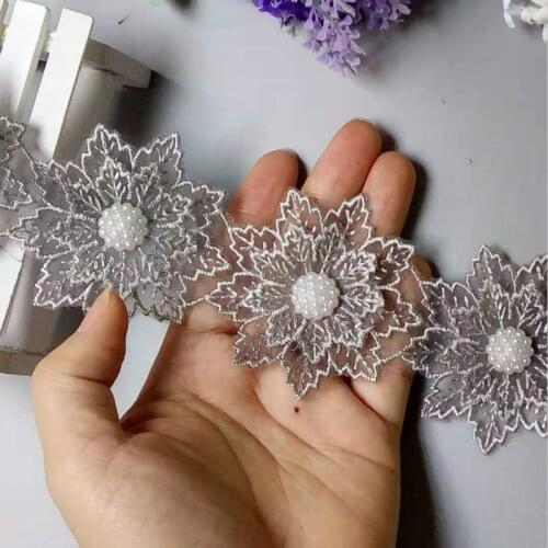 10x Gray Pearl Handmade Beaded Flower Embroidered Lace Edge Trim Ribbon Double Layered Applique Dress DIY Sewing Craft 6cm New