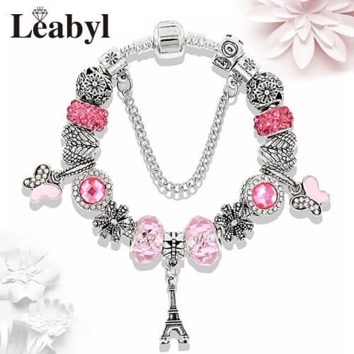 New Arrival Tibetan Silver Crown Eiffel Tower Charm Bracelet Enamel Butterfly Bead Bracelets & Bangles Diy Jewelry Gift