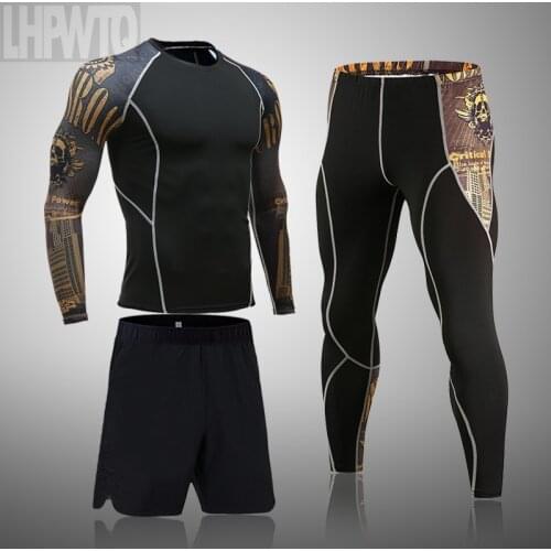 Brand 3pcs/Sets Mens Suit Rashguard Male MMA Compression Clothing Male Long Sleeves Shirt+Leggings 2 Piece Sportswear Men