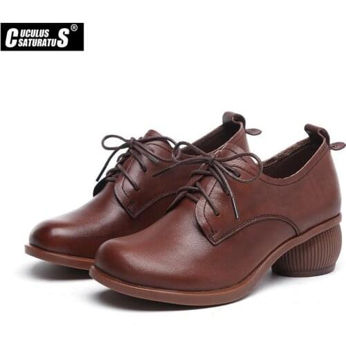 Cuculus High Heels Women Pumps Natural Genuine Leather Thick Heel Loafers Shoes Real Leather Square Toe Shoes Ladies