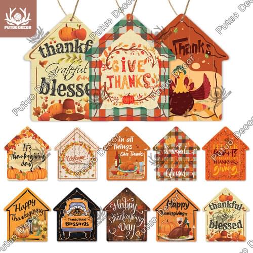 Putuo Decor Thanksgiving Small House Wood Sign Pumpkin Hanging Sign Wood Turkey Plate for Home Decoration Living Room Wall Decor