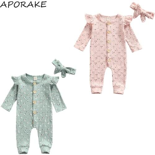 2021 0-24M Sweet Infant Baby Girl Jumpsuit+Headband Floral Print Long Sleeve O Neck Button Romper Cotton Clothes Autumn Outfit