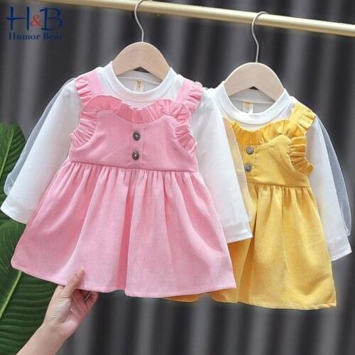 Humor Bear Baby Dress New Spring Autumn Puff-Sleeve Fake Two Piece Princess Dress Cute Toddler Clothes