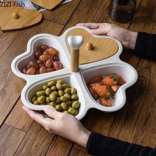 Heart Shaped Ceramic Plates Snacks Bowl Set Dessert Plate Rotatable Wooden Fruit Dish Dinner Porcelain Cake Tray Food Tableware