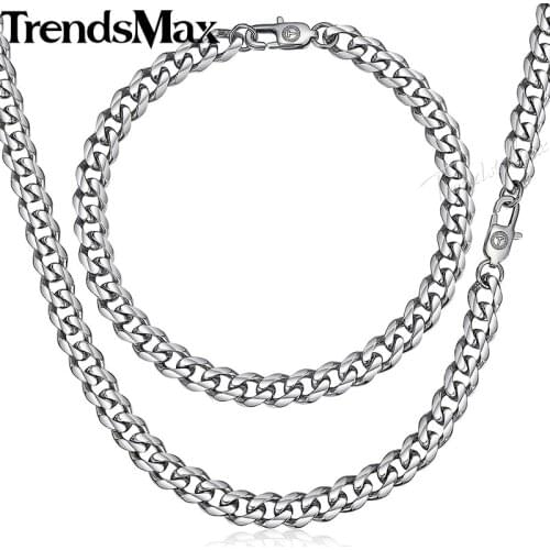 Trendsmax Polished Jewelry Set Necklace for Men Stainless Steel Mens Bracelet Cuban Link Chain Gold Black Silver Color KKSM01