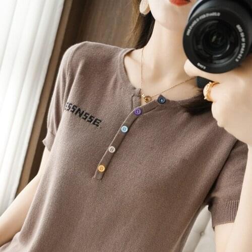 Summer new style pure cotton short-sleeved knitted T-shirt womens short round neck all-match half-sleeved knitted bottoming shi
