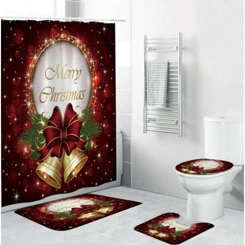 Christmas Landscape Print Bathroom Shower Curtain Set Waterproof Anti Slip Pedestal Rug Lid Toilet Cover Bath Mat Set