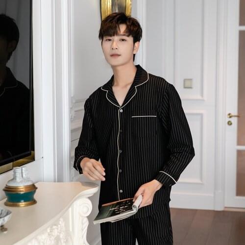 Autumn Mens Long-sleeved Trousers Pajama Set Lapel Cardigan Knitted Cotton Pajamas Men Striped Mansleepwear Luxury Men Clothing