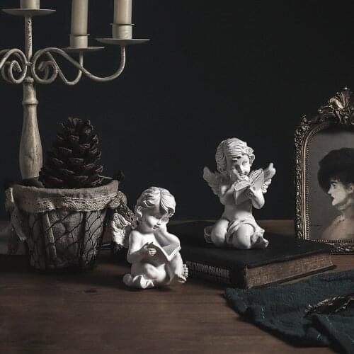 Resin White Angel with Wings Sculpture for Home Table Office Desk Decorating Reading Cupid Baby Ornaments Crafts for Gifts