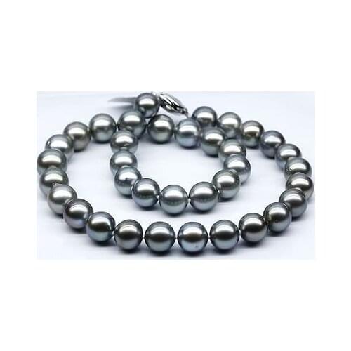 Superb 18"11-12mm Natural Tahitian genuine black peacock round pearl necklace