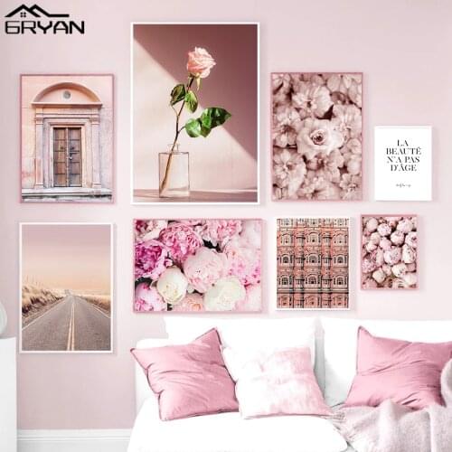 Pink Rose Peony Flower Bloom Canvas Prints Painting Nordic Architecture Wall Art Poster Landscape Living Room Decoration Picture