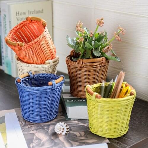 Handmade Rattan Remote Control Storage Box Green Plant Flower Basket Flower Pot Cover Desktop Storage Basket Pen Holder Storage