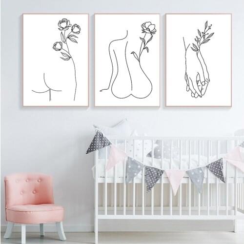 Hand Line Drawing Wall Art Abstract Poster Women Body Canvas Painting Flower Minimalist Print Nordic Picture Living Room Decor