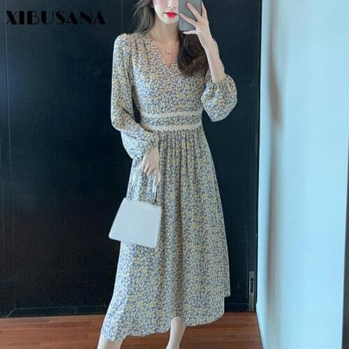 XIBUSANA V-neck Chiffon Dress Women 2021 Spring Autumn Fashion Female Long Sleeve Vintage Printed Floral Casual Dresses Vestido