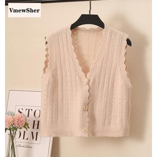 VmewSher New Spring Autumn Women Vest Knitted Hollow Out Solid Casual Sleeveless Pullover V-neck Knitwear Jumper Elegant Top