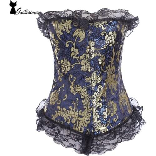 Overbust Corset jacquard Lace Up Waist Trainer With Lace Details