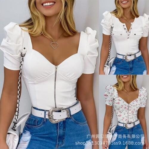 2021 summer new fashion white zipper puff sleeve top woman tshirts
