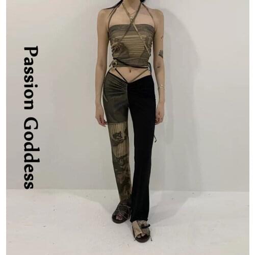 Summer Hot Women Camouflage Sets Bandage Halter Tube Top Bustier Stitching Drawstring Low-waist Straight Pants Two Piece Outfits