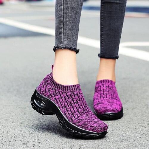 Oversize Platform Slip on Sport Sneakers Woman Wedge Sports Shoes Women Running Shoes Purple Knit Chausure Femme Footwear B-472
