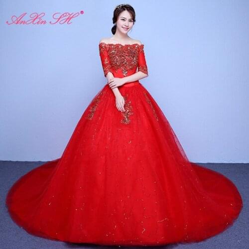 AXJFU princess golden red flower lace wedding dress vintage boat neck beading crystal court train half sleeve wedding dress