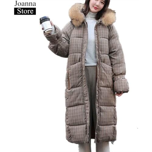 Winter New Women Hooded Long Plaid Cotton Jacket Zipper Vintage Thick Warm Cotton Clothing Ladies Loose Casual Plus Size Clothes