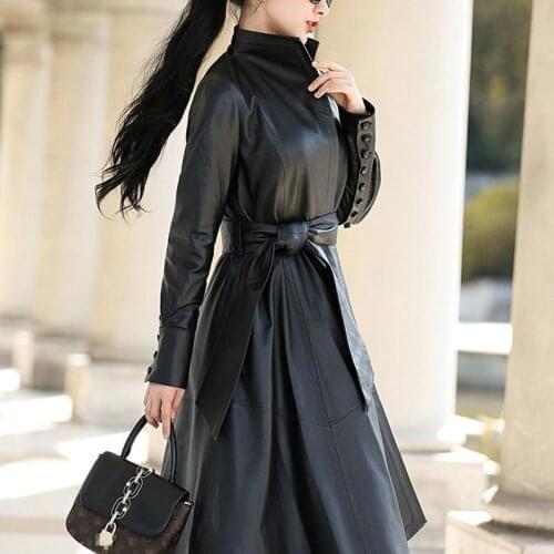 Winter Womens Stand Collar Sashes Genuine Leather Jacket Slim Fit Sheepskin Long Coat Office Ladies Casual Belt Trench Outerwear