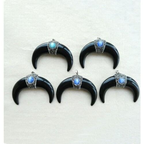 5Pcs OX Horn shape black big Pendant,Pave Rhinestone Crystal agat e Caps Charms,DIY Jewelry necklace making supplies PD131