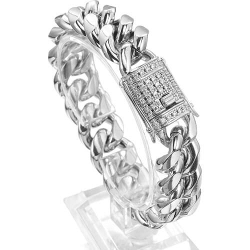 8/10/12/16/18mm CZ Zircon Stone Paved Stainless Steel Cuban Curb Miami Chain Link Bracelets for Male Boys Hip Hop Rock Jewelry