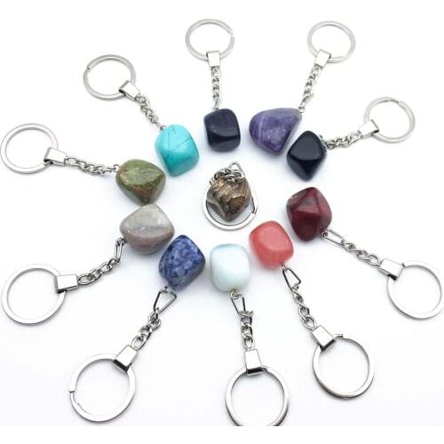 Boho Irregular Energy Cube Natural Stone Healing Crystal Key Rings Craft Bag Charm Keychains Charms Pendant Car Key Ring Jewelry